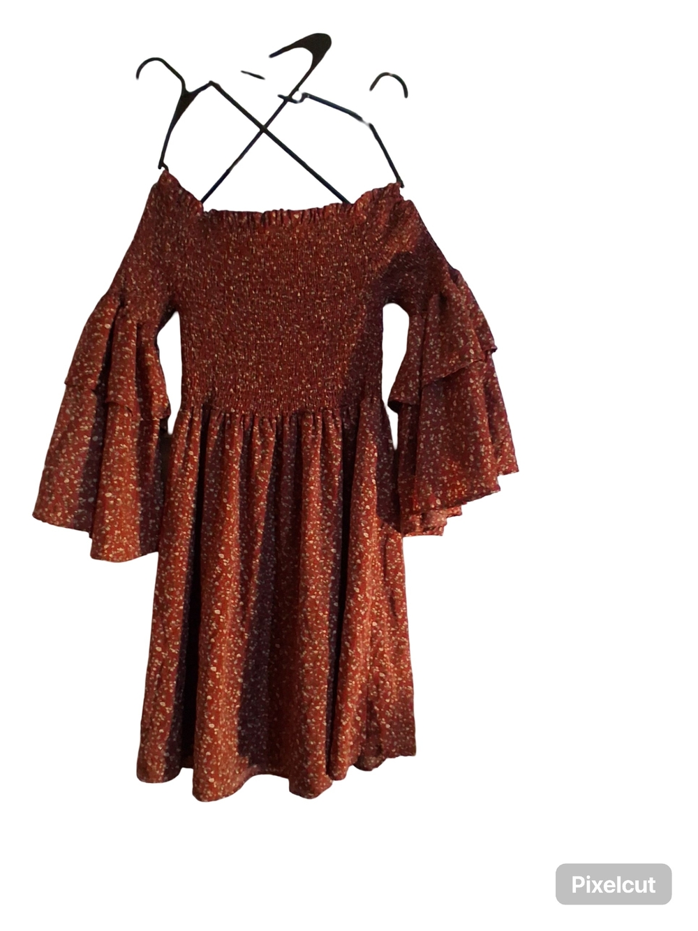 SHEIN Curve Rust Floral Off-Shoulder Tiered Bell Sleeve Ditsy Floral Dress